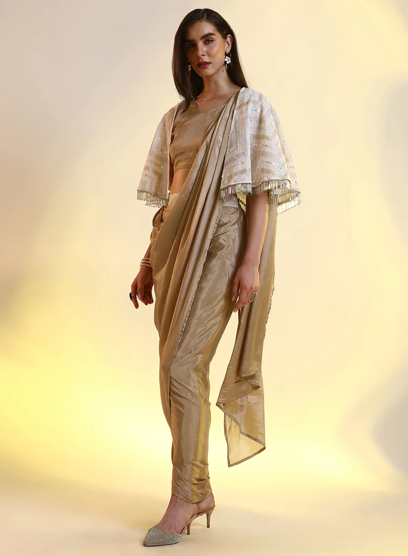 Qissa  Women's French Beige Bijou Cape Pre-Draped Saree For Casual Wear | V-Neck | Cape Sleeves | 1 Piece Pre-Draped Saree Designed With Comfort Fit For Everyday Ethnic Wear for Women | Best Price UAE